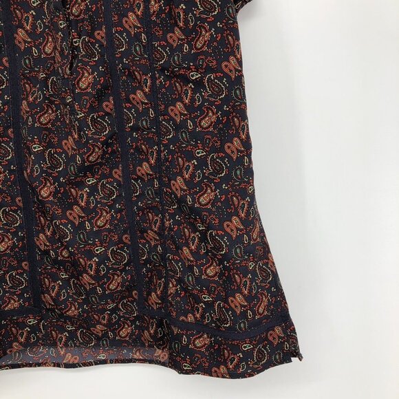 Eddie Bauer Navy burgundy Paisley cap sleeve button front lace cutout blouse Med - Picture 12 of 15